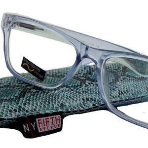May include: Clear blue reading glasses with a snakeskin print case. The case has the text "NY FIFTH AVENUE" on it. The glasses have a "Flex-Spring Hinge" and "Digital Protection" labels.