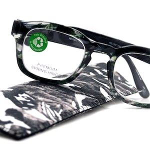 Sasha, (Premium) Reading Glasses, High End Readers +1.25..+3 Magnifying Eyeglasses (Black, White) Camo Square Optical Frames NY Fifth Avenue