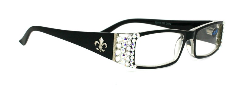 The French, (Bling) (Fleur De Lis) Women Reading Glasses W (Clear, AB Aurora Borealis) Genuine European Crystals  (Black)  NY Fifth Avenue