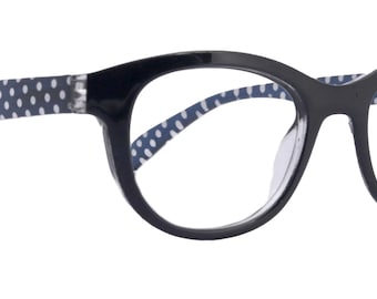 Puede incluir: Gafas de pasta negras de estilo ojo de gato con un patrón de lunares azules y blancos en las patillas.