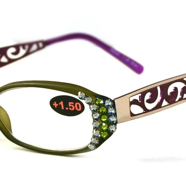 Phoenicia, (Bling) Women Reading Glasses W (Black Diamond, Peridot) (Green, Purple) (Filigree Temple) NY Fifth Avenue.