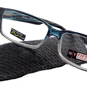 May include: Blue reading glasses with a black case. The glasses have a Flex-Spring Hinge and a +2.50 lens strength. The case has a woven pattern. The glasses have the text "NY FIFTH AVENUE" on the side.