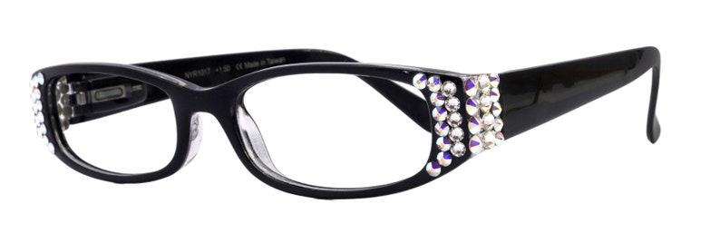 May include: Black plastic framed glasses with clear lenses and rhinestones on the sides.