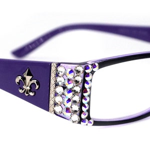 The French, (Bling) (Fleur De Lis) Óculos de leitura femininos com cristais europeus genuínos +1 .. +3 (roxo) Moldura, NY Fifth Avenue