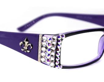 The French, (Bling) (Fleur De Lis) damesleesbril met echte Europese kristallen +1.. +3 (paars) montuur, NY Fifth Avenue