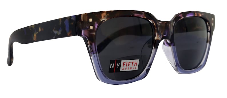 May include: Purple and black tortoiseshell sunglasses with dark lenses. The sunglasses have a label that reads "NY FIFTH AVENU".
