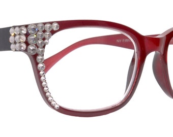 Rita, Bling Reading Glasses with European crystals +1.50 to +6 Magnifying Eyeglasses (Square) (Red) optical Frames