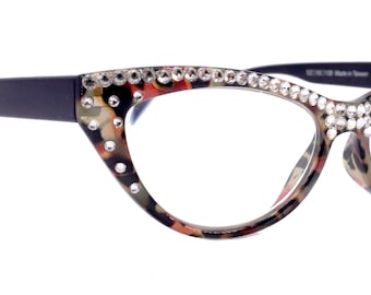 The Lynx, (Bling) Reading Glasses 4 Women W (Full Top) (Clear) Genuine European Crystals, Magnifying Cat Eye (Leopard Red) NY Fifth Avenue