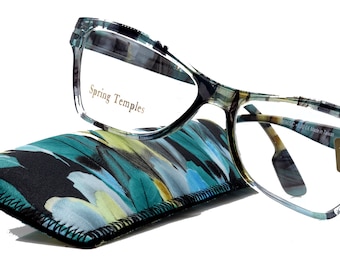 Avian,  (Premium) Reading Glass High End Reader +1 to +6 Magnifying Eyeglass, Cat Eye (Aqua Blue, Green) Feather Pattern. NY Fifth Avenue