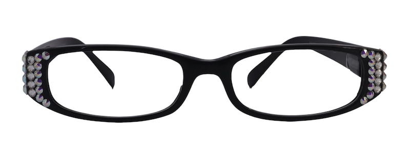 May include: Black oval-shaped eyeglasses with clear lenses and rhinestones on the sides.