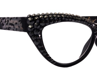 The Lynx, (Bling) Reading Glasses 4 Women W 2x (Full Top) (Hematite) Genuine European Crystals, Magnifying Cat Eye  NY Fifth Avenue