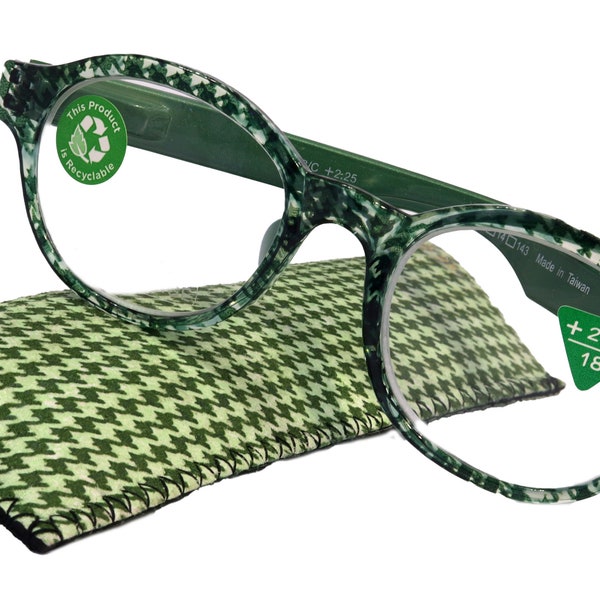 The Alchemist, (Premium) Reading Glasses, High End Readers, Magnifying Eyeglasses, (Green Translucent) (Round) (Houndstooth) NY Fifth Avenue