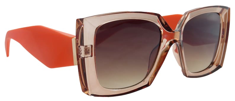 Puede incluir: Gafas de sol cuadradas de gran tama&ntilde;o con lentes de degradado marr&oacute;n y montura marr&oacute;n transl&uacute;cida. Las gafas tienen patillas naranjas.