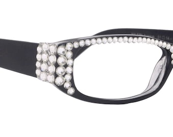 Elise, Bling Reading Glasses For Women W Full Top (Clear)Genuine European Crystals rectangular (Black) +1.25 ..+3, NY Fifth Avenue.