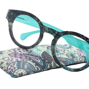 Xochitl, Premium Reading Glasses High-End Readers +1.25 .. +3.00 +4.00 (Turquoise) Round Optical Frames. NY Fifth Avenue.