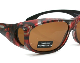 Explorer, (Fit Over) Glasses, Rectangular Polarized Sunglasses 1.1mm 100% UVA UVB Prot (Red Brown) Frame, (Amber Brown) Lens NY Fifth Avenue