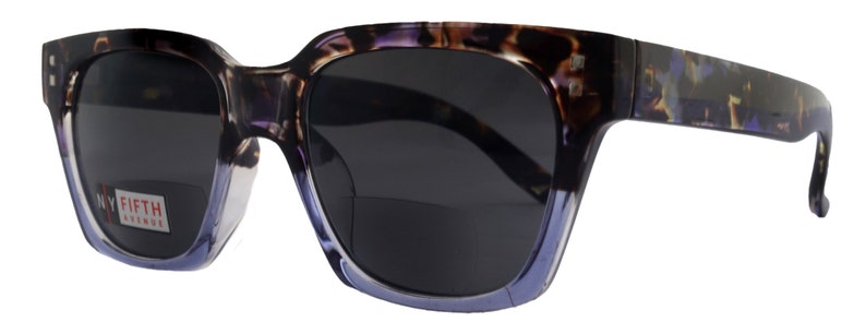 May include: Purple and black tortoiseshell sunglasses with dark lenses. The sunglasses have a square frame and the brand name "Fifth Avenue" is printed on the left lens.