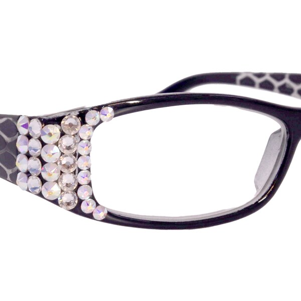 Lyon, (Bling) Reading Glasses with (Clear, Hematite) Genuine European Crystals(Hounds Tooth Check) Rectangular (Black) NY Fifth Avenue
