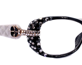Glamour Quilted, (Bling) Reading Glasses For Women Adorned W (Clear, Hematite)Genuine European Crystals +1.25.. +3.5 (White, Black)