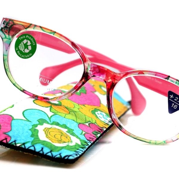 Versailles, (Premium) Reading Glasses High End Readers +1.25 .. +3.00 (Pink, Light Blue Floral) Round Optical Frames. NY Fifth Avenue.