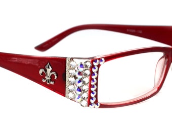 The French, (Bling) (Fleur De Lis) Women Reading Glasses W Genuine European Crystals (Aurora Borealis, Clear)  (Red) Frame, NY Fifth Avenue