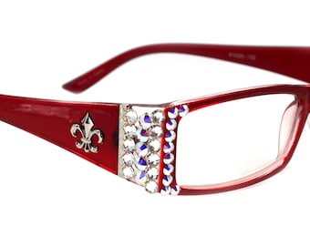 Die Französisch, (Bling) (Fleur De Lis) Frauen Lesebrille W Echte Europäische Kristalle (Aurora Borealis, Klar) (Rot) Rahmen, NY Fifth Allee