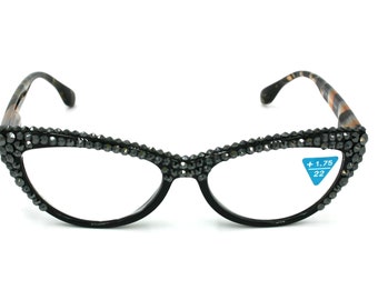 De Lynx, Vergrotende Cat Eye NY Fifth Avenue Full Top Accessoires Zonnebrillen & Eyewear Leesbrillen Bling Hematiet Leesbril 4 Vrouwen W 2x Echte Europese Kristallen 
