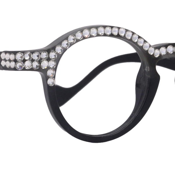 Orlando Bling Reading Glasses, W Full top Clear  European crystals, Magnifying Eyeglasses, (Black) (Round) NY Fifth Avenue