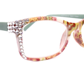 Frida, (Bling) Reading Glasses Women W (Clear, Genuine European Crystals (Green, Pink, White) Square Paisley, NY Fifth Avenue.