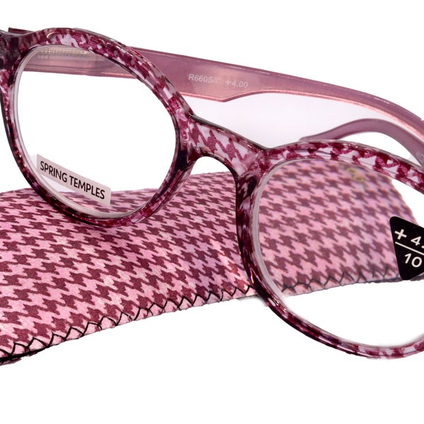 The Alchemist, (Premium) Reading Glasses, High End Readers, Magnifying Eyeglasses, (Pink Translucent) (Round) (Houndstooth) NY Fifth Avenue