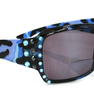 Lourdes, (Bling, Bifocal) Women Sun Reader W (Hematite, Aquamarine) Genuine European Crystals   (Blue) Leopard Animal Print, NY Fifth Avenue