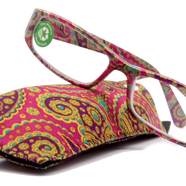 Florence, (Premium) Reading Glasses, High End Readers +1.25 to +3 Magnifying. (Paisley, Pink) optical, Rectangular Frame. NY Fifth Avenue.