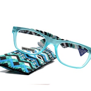 Monet, (Premium) Reading Glasses High End Readers +1 .. +3 Magnifying, Translucent (L Blue) Chevron Square. Optical Frame. NY Fifth Avenue.