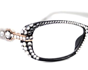 Glamour Quilted, (Bling) Reading Glasses For Women With (Full Top)  Genuine European Crystals+1.25 to +3 (White, Black) NY fifth avenue.