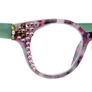 Sally, (Bling) Women Reading Glasses W (Light Amethyst, Olivine) Genuine European Crystals, Round +1.25 ..+4 (Green, Purple) NY Fifth Avenue