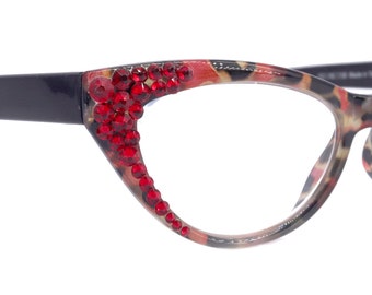Lynx, (Bling) Katzenaugen, Frauen Lesebrille W (light Siam) Echte europäische Kristalle (Rot, Tortoise Schwarz) Katzenaugen-Rahmen, NY Fifth Allee.