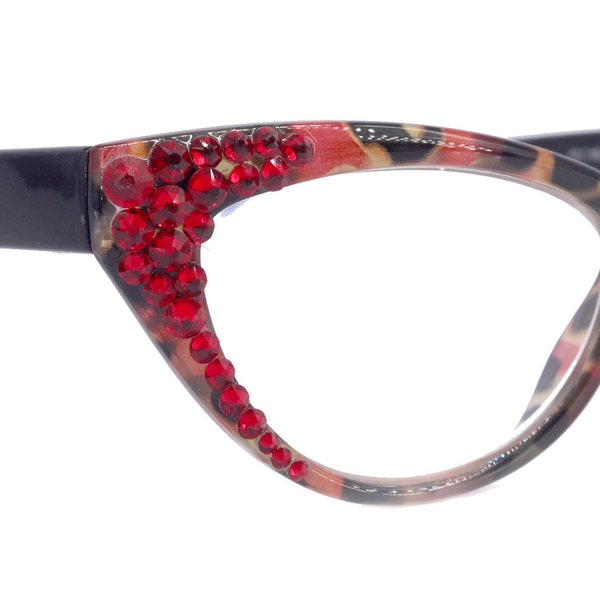 Lynx, (Bling) Cat Eyes, Women Reading Glasses W (light Siam) Genuine European Crystals (Red, Tortoise Black) Cat eye Frame, NY Fifth Avenue.