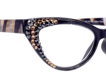Lynx, (Bling) Cat Eyes, Women Reading Glasses W (L. Colorado, Hematite) Genuine European Crystals (Tortoise Brown, Black)  NY Fifth Avenue.