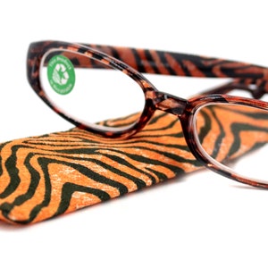 Isabella, (Premium) Reading Glasses, Fashion Reader (Orange Tiger) Animal Print, Oval +5 +6 High Magnification, NY Fifth Avenue (Wide Frame)