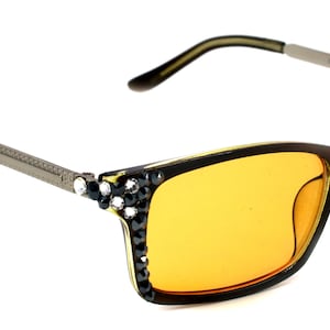 Aria, (Bling) (Computer Glasses) (80 % Blue Blocker Filter) Amber Lens W (Hematite, Clear) Genuine European Crystals (No Prescription)