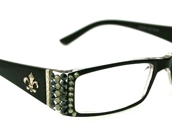 The French, (Bling) (Fleur De Lis) Women Reading Glasses W (Black Diamond, Hematite) Genuine European Crystals (Black) Frame NY Fifth Avenue