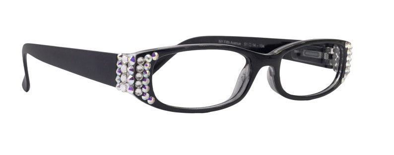 May include: Black plastic framed glasses with clear lenses and rhinestones on the sides.