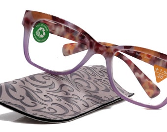 Aya, (Premium) Reading Glasses, High End Fashion Reader,+1.25 to +4 Magnifiers, (Purple n Brown Tortoise) Square Frame. NY Fifth Avenue.