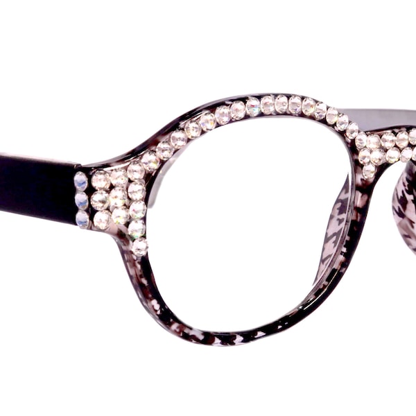 The Alchemist, (Bling) Round Women Reading Glasses W (Full TOP) (Clear) Genuine European Crystals  (Hound tooth, Black) NY Fifth Avenue