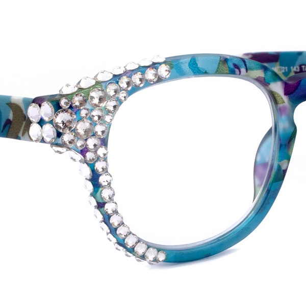 Autumn, (Bling) Reading Glasses For Women Adorned w (Clear) Genuine European Crystals  Round Frame (Blue, Purple Floral) NY Fifth Avenue