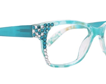 Azul, (Bling) Reading Glasses 4 Women W (Aquamarine N Clear)Genuine European Crystals. +1.5..+3  NY Fifth Avenue (Wide frame)
