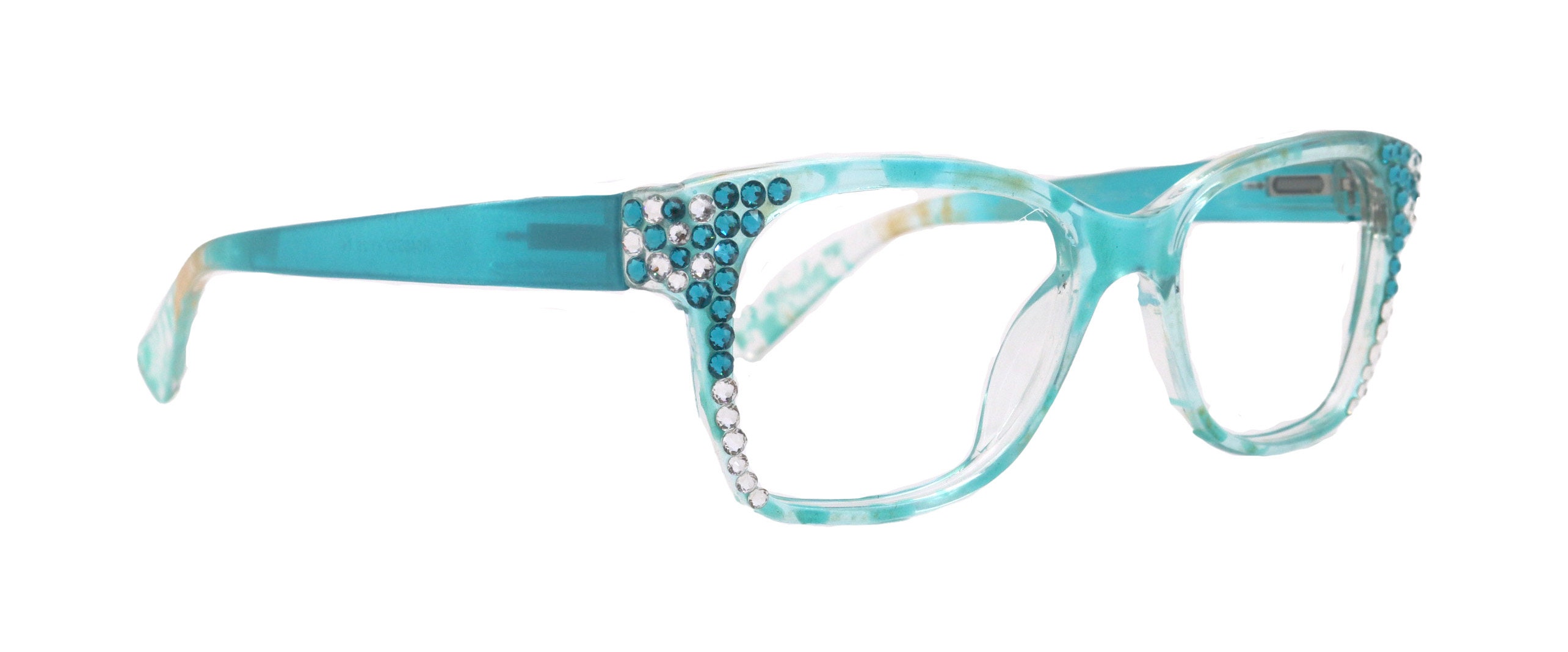 Azul, (Bling) Reading Glasses 4 Women W (Aquamarine N Clear)Genuine European Crystals. +1.5..+3  NY Fifth Avenue (Wide frame)