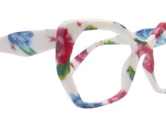 Virginia, Oversized Reading Glasses, Large Frame, High End Readers, Bifocal,  Sun readers, Trendy Style, White floral, NY Fifth Avenue