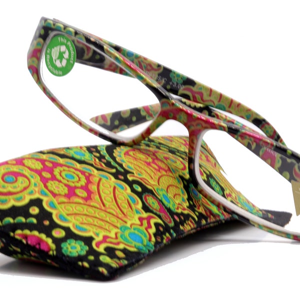 Florence, (Premium) Reading Glasses, High End Readers +1 to +6.00 Magnifying. (Paisley, Green) optical, Rectangular Frame. NY Fifth Avenue.