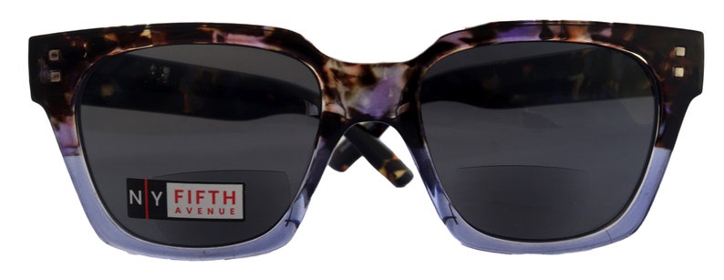 May include: A pair of tortoiseshell and purple sunglasses with a blue frame and grey lenses. The sunglasses have a reading glass insert with the text "NY FIFTH AVENUE" printed on it.